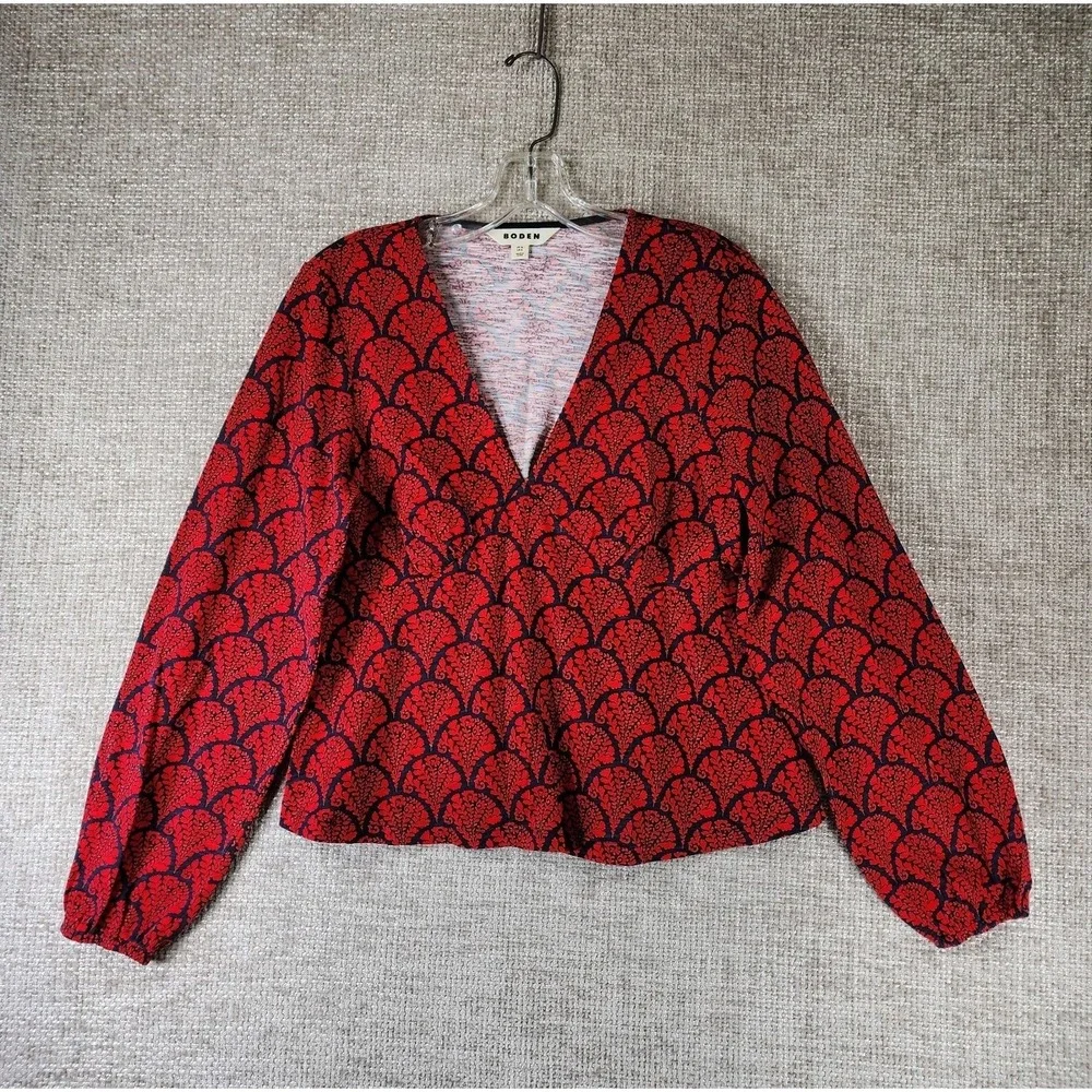 Boden 100% Cotton Peplum‎ Top Womens 8 Red Blue Floral Fans Long Sleeve EUC